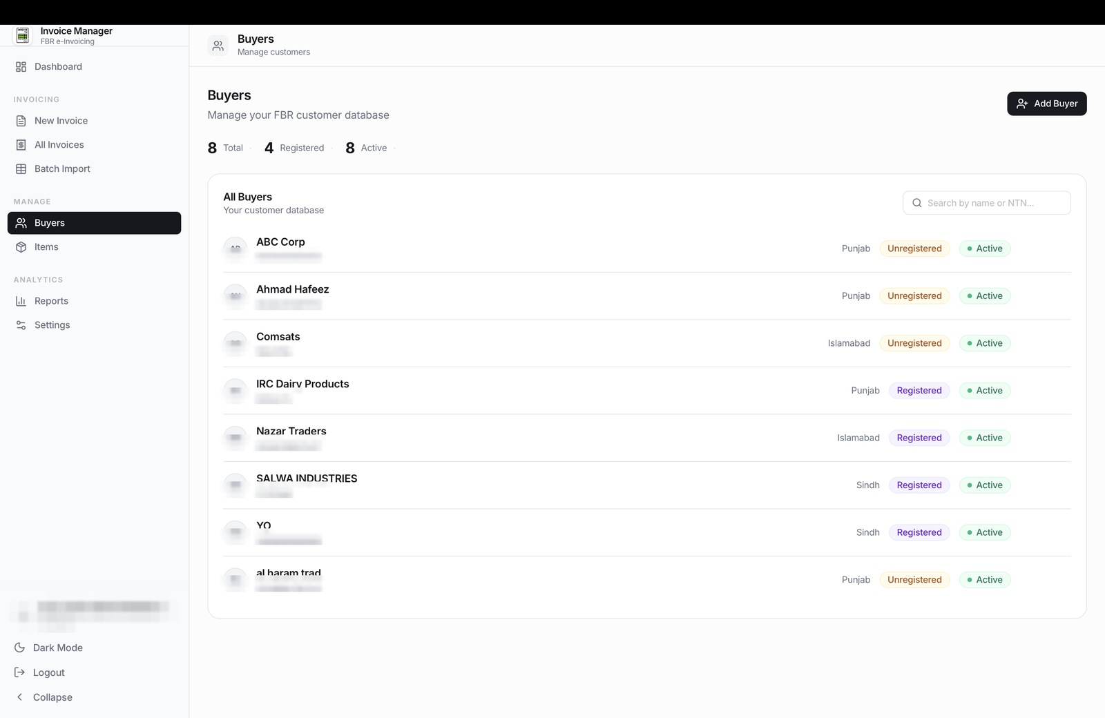 munshi buyers screen listing customers with province, registration status and active status